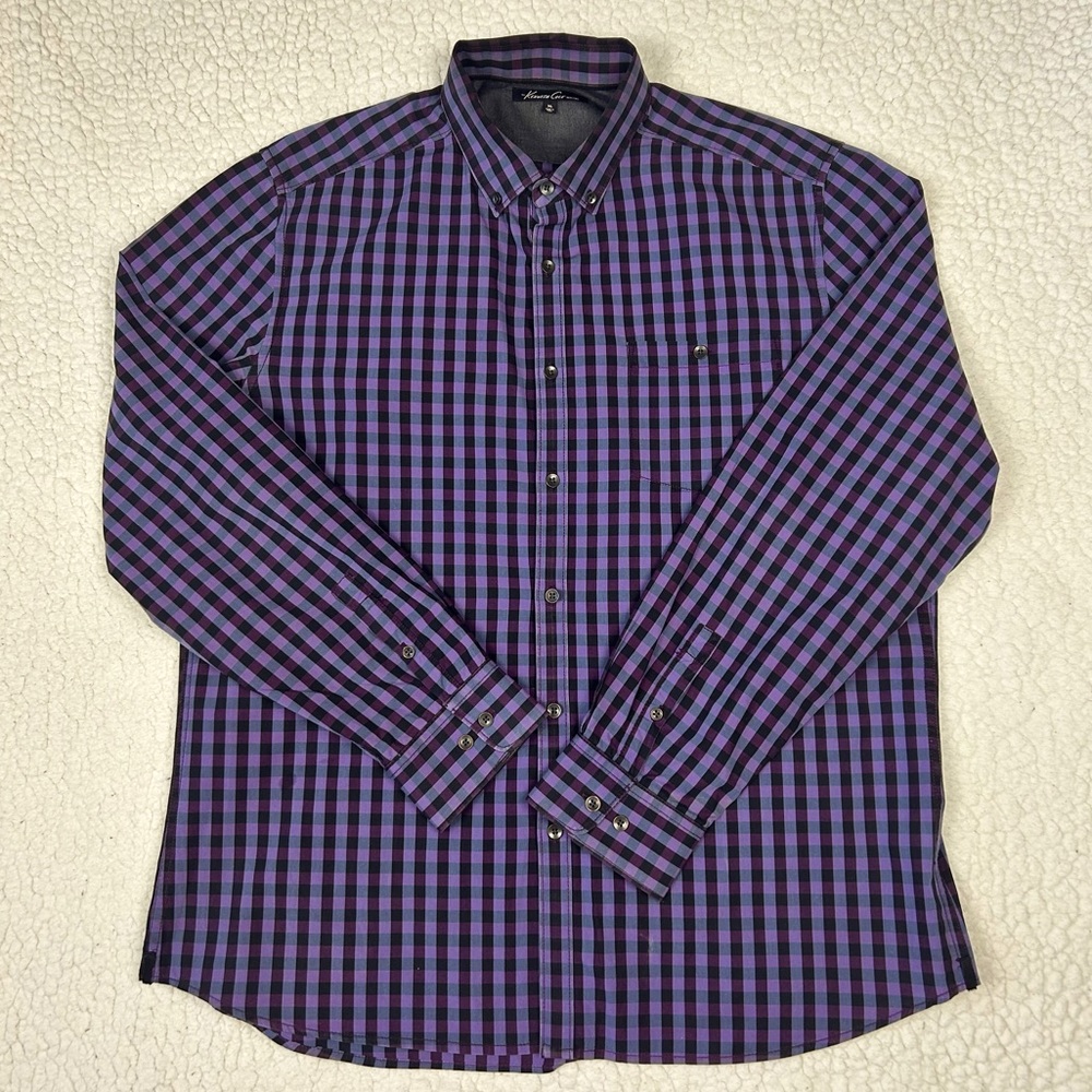 Kenneth Cole Button Down Shirt Men’s XL Purple Check Regular Fit Pocket Casual